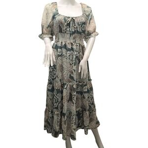 Indulge in Style XL Teal Floral Midi Dress Chiffon Smocked Puff Sleeve Boho